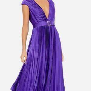 IEENA for MacDuggal Pleated Cap Sleeve Satin Midi Dress Plunging Size 4 NWT